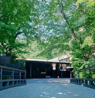 モダンな建築外観と大きな窓から望む緑豊かな室内